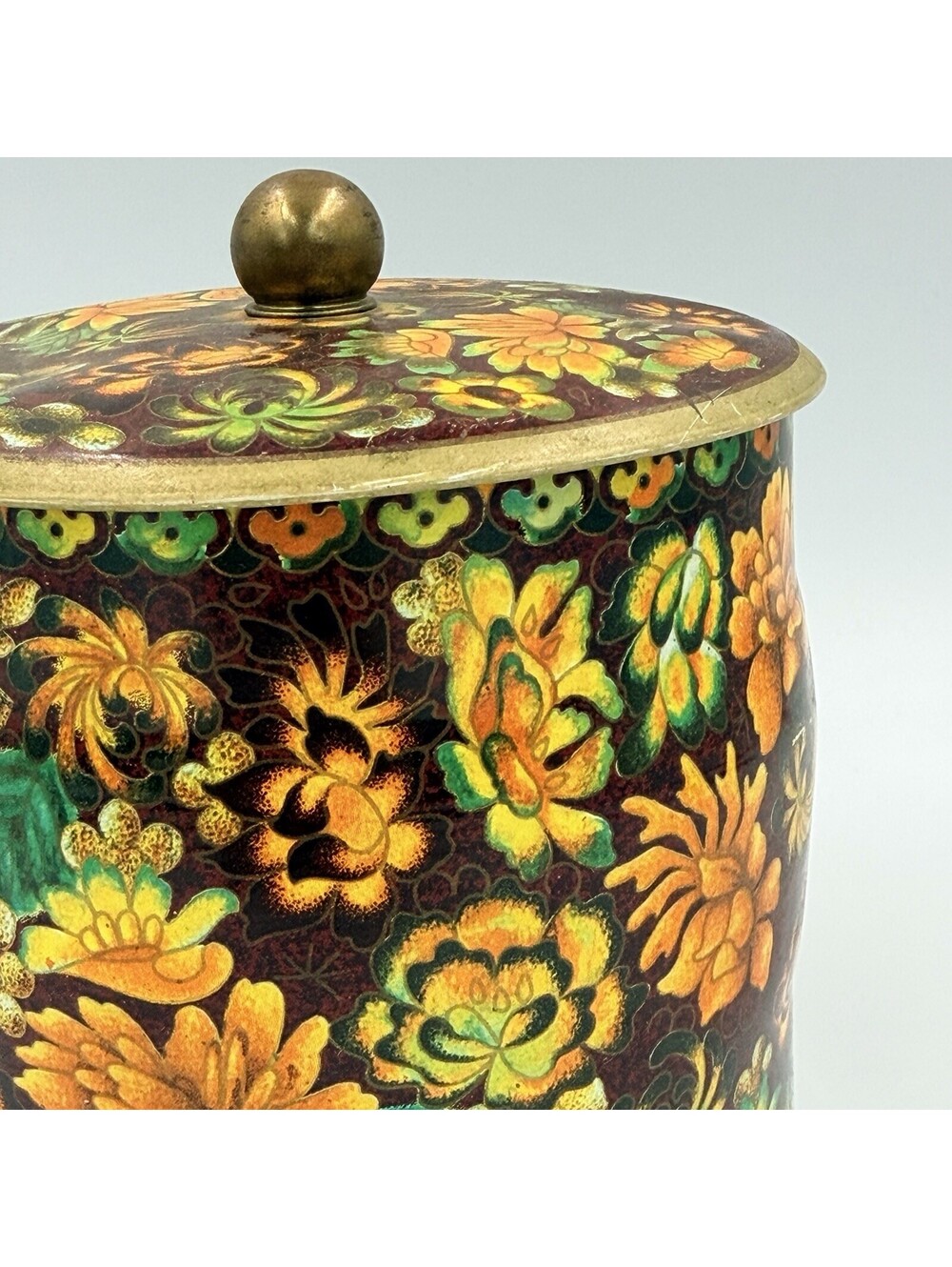 Vintage Daher Floral Tin Canister Lid Brass Knob Finial Made in England 6" - Picture 2 of 8